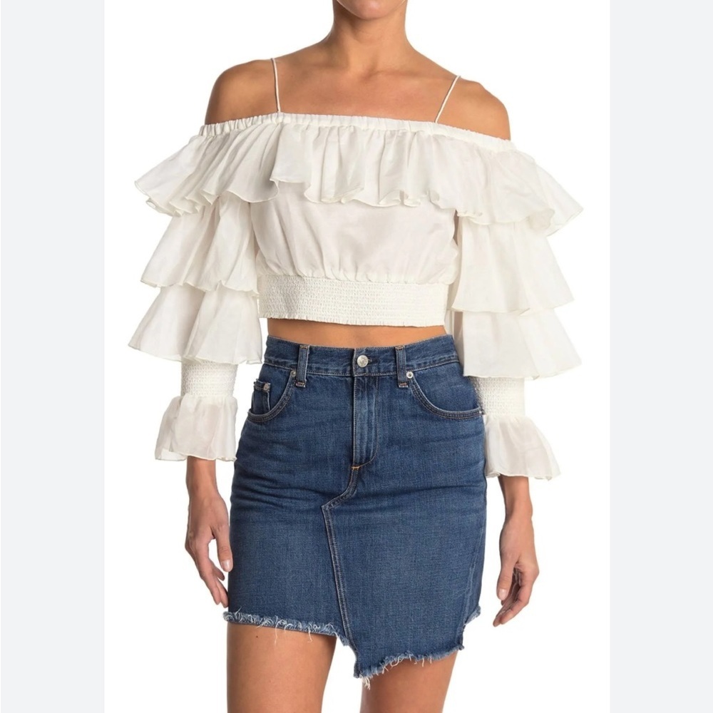 Alice + Olivia Silk Blend Mandara Ruffled Smocked Waist Top Nwt